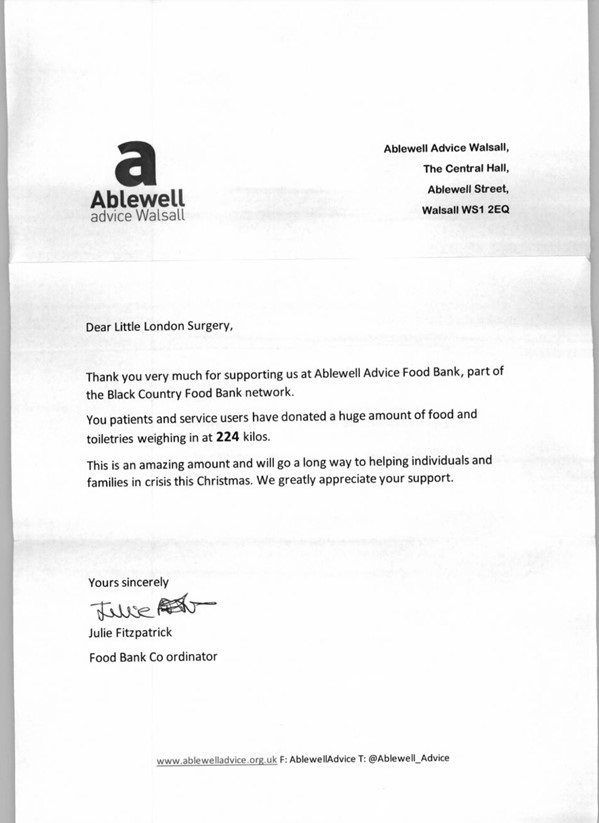 Letter from Ablewell Advice Walsall advising the donation on 224 kilos has been received